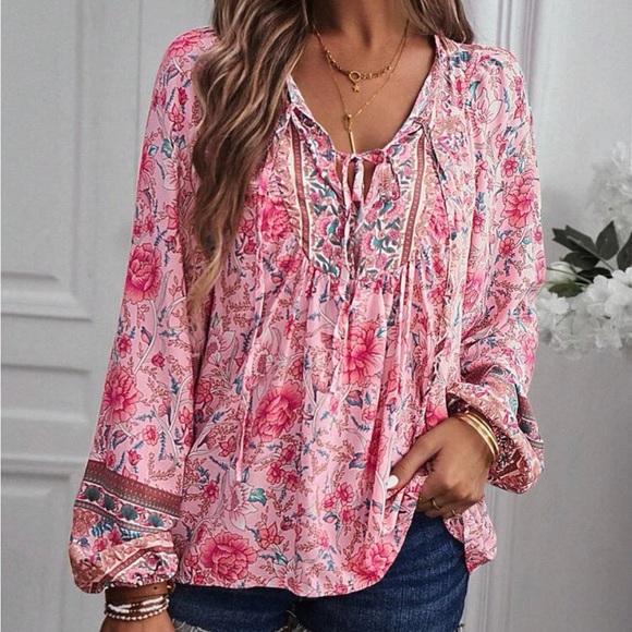 Boho Floral Print neck tie blouse - Picture 4 of 13